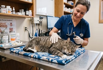 senior cat at veterinarian visit — amlodipine for feline hypertension