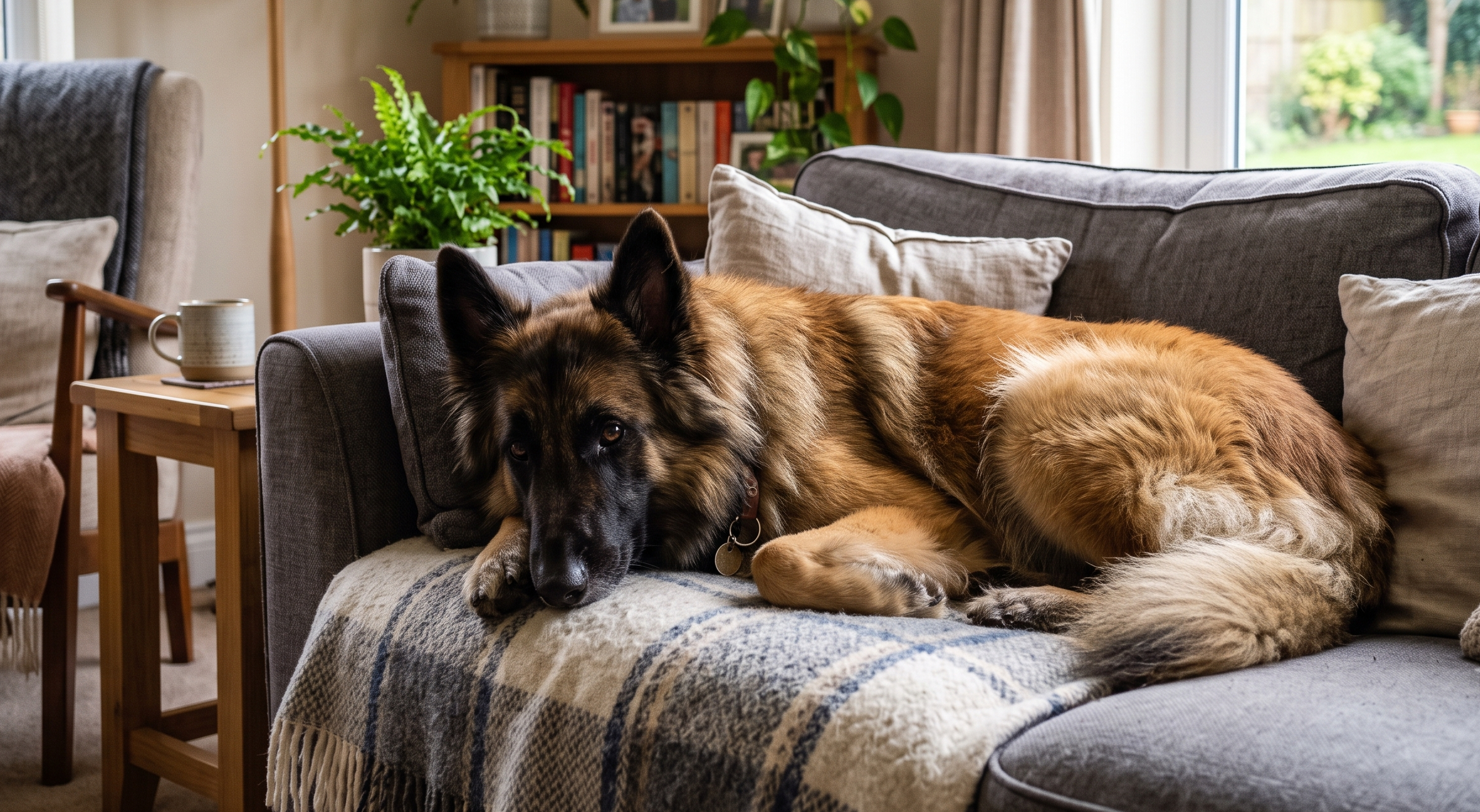 calm mixed breed dog resting on a couch — levetiracetam for dogs seizure management
