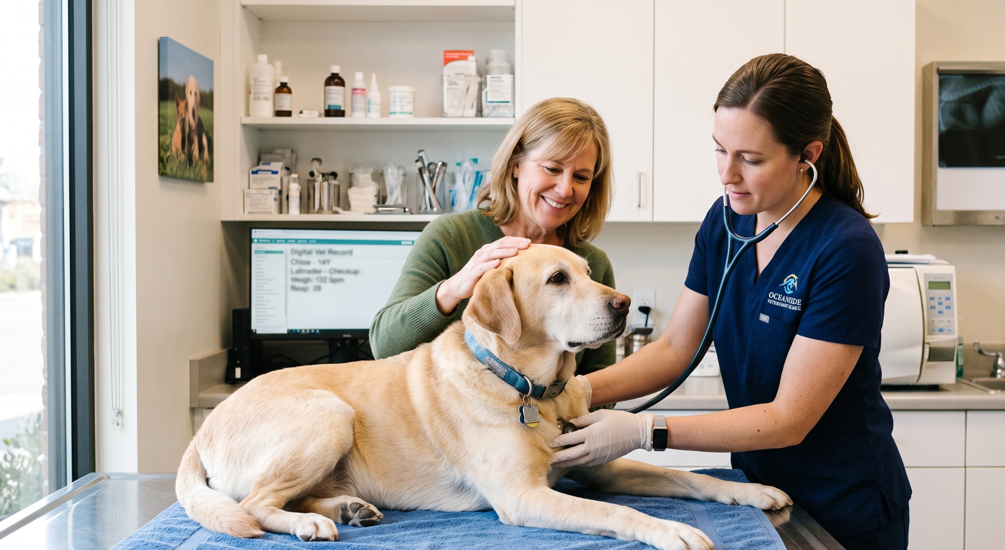 Ursodiol for dogs liver health — senior dog being examined at veterinary clinic